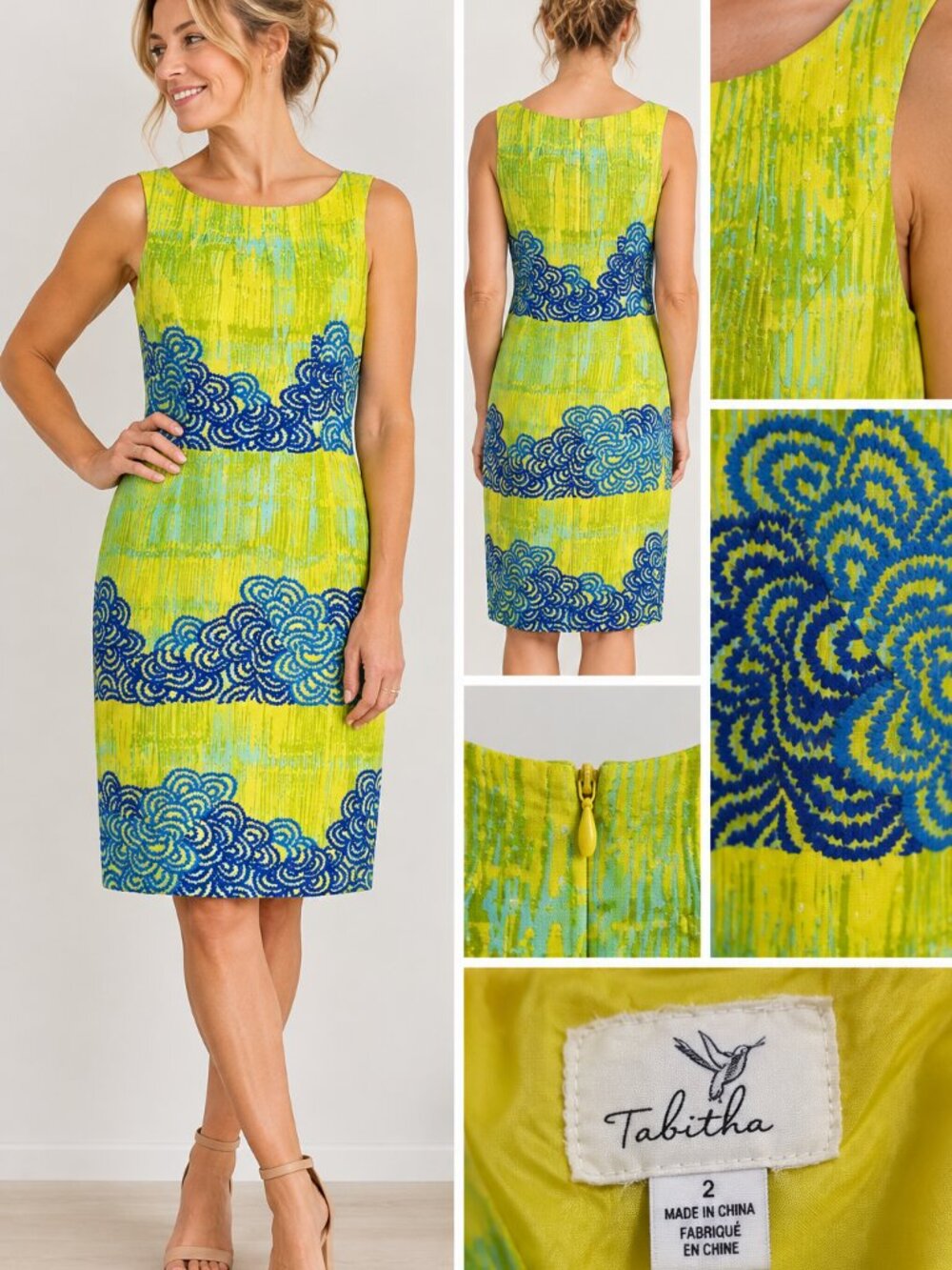 Anthropologie Tabitha Dress Sz 2 Yellow Blue Embroidered Abstract Sheath